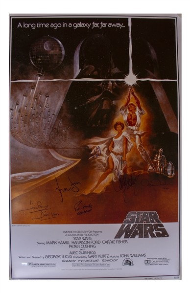 ''Star Wars'' Cast-Signed Movie Poster -- Signed by Mark Hamill, Carrie Fisher, Harrison Ford, and Darth Vader, C-3PO and Chewbacca's Characters
